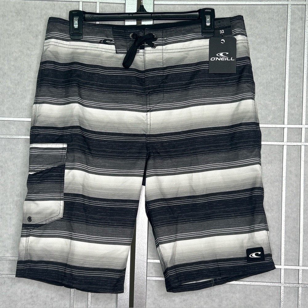 O'Neill Board Shorts Mens 32 Santa Cruz Gray Striped Swim Surf Trunks